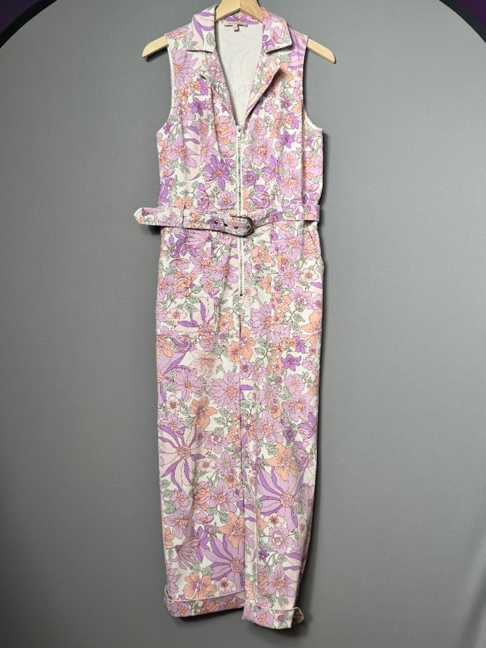 Skies Are Blue JoJo Floral Utility Jumpsuit M Belted Zip Front Retro 70s Stretch
